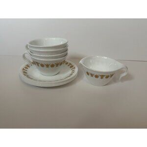 Corelle by Corning Butterfly Gold Teacup Coffee Mug Set Of 4 Plus Creamer Cup